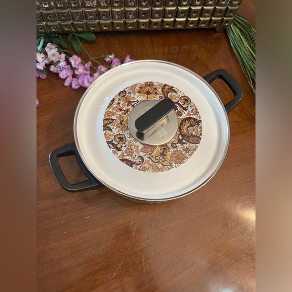 Vintage MCM Fancipan Autumn Leaf Brown Paisley 9”x3” Enamel Stew Pan w Lid - Picture 10 of 11